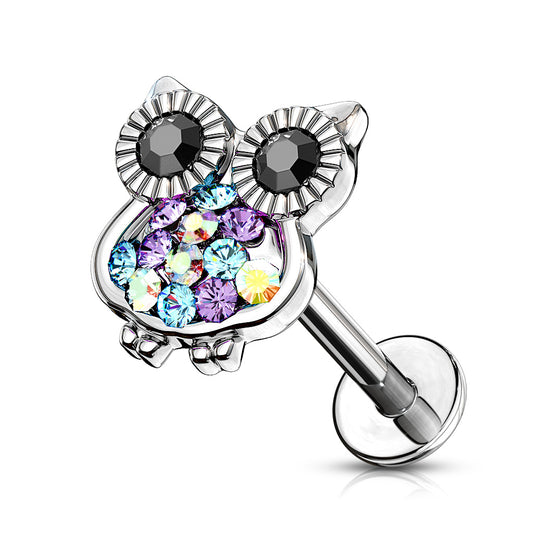 Internally Threaded Multi Colored CZ Crystal Owl Stud - Stainless Steel