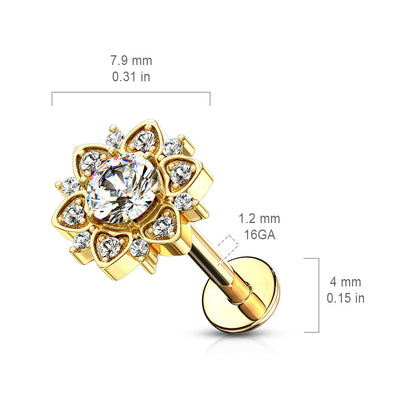 CZ Crystal Paved Flower Internally Threaded Labret Stud - Stainless Steel