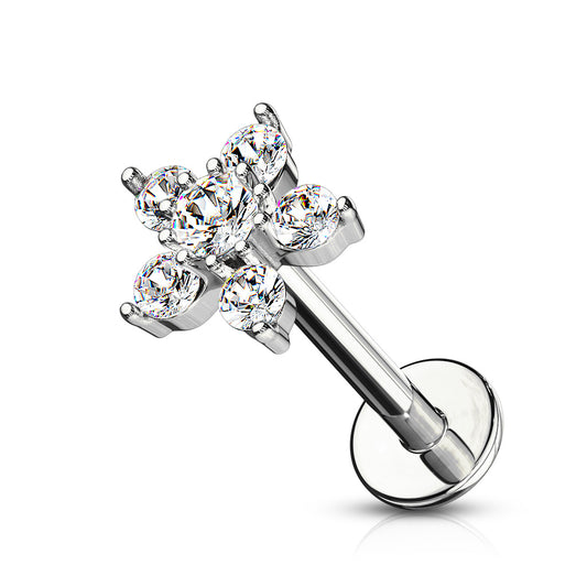 Double Tiered CZ Crystal Flower Top Labret Monroe Cartilage Ear Stud - Stainless Steel