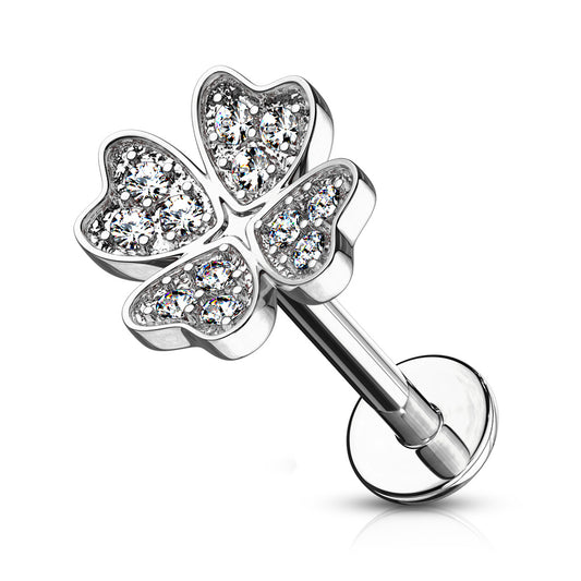 Micro CZ Crystal Paved Shamrock Top Labret Monroe Cartilage Ear Stud - Stainless Steel