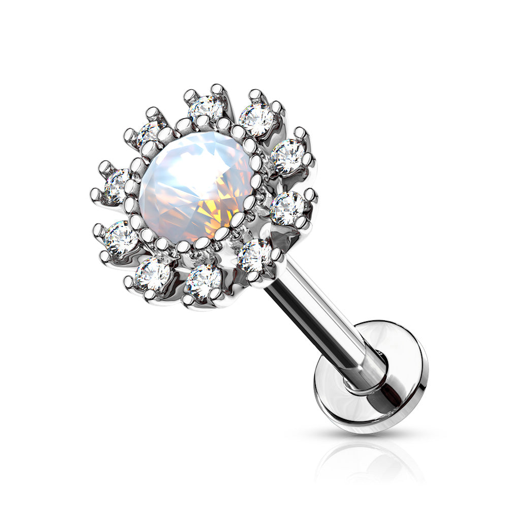 Internally Threaded Victorian Opalite Center CZ Crystal Paved Flower Stud - Stainless Steel