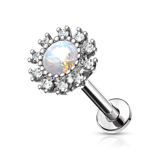 Internally Threaded Victorian Opalite Center CZ Crystal Paved Flower Stud - Stainless Steel