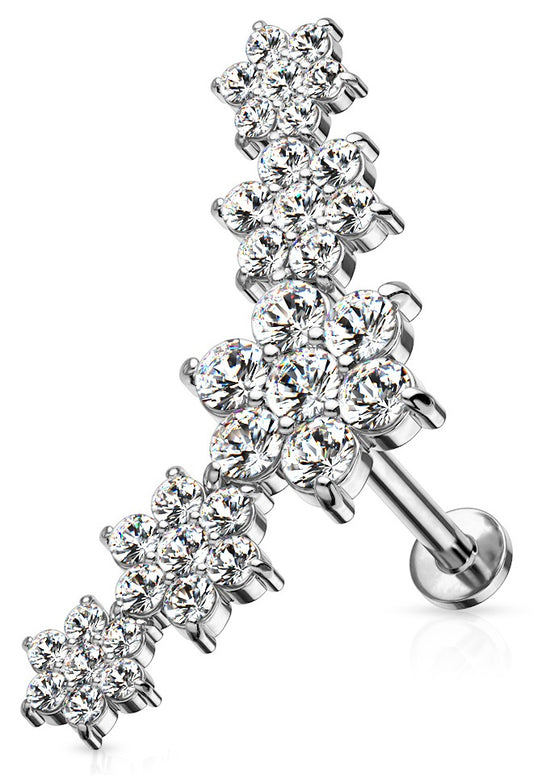 CZ Crystal Flower Internally Threaded Curved Top Cartilage Crawler Stud Earring - Stainless Steel