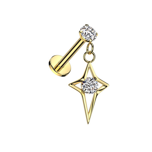 Internally Threaded CZ Crystal with Dangling Star Cross Flat Back Stud - 316L Stainless Steel