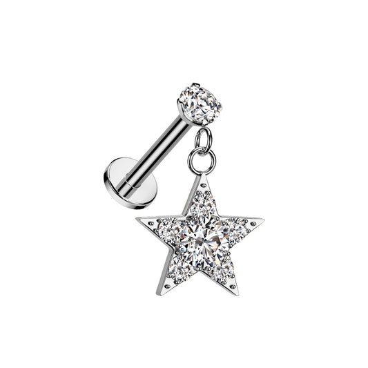 Internally Threaded CZ Crystal with Dangling Star Flat Back Stud - 316L Stainless Steel