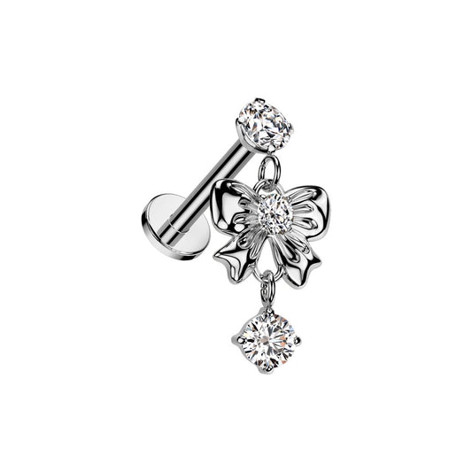 Internally Threaded CZ Crystal with Dangling Bow Flat Back Stud - 316L Stainless Steel