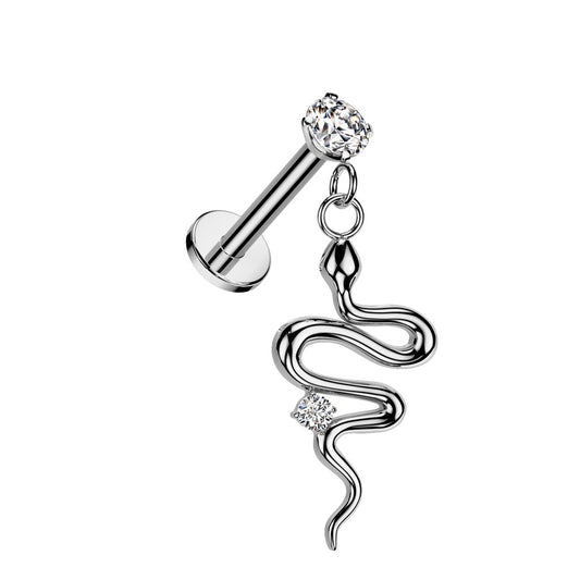 Internally Threaded CZ Crystal with Dangling Snake Flat Back Stud - 316L Stainless Steel