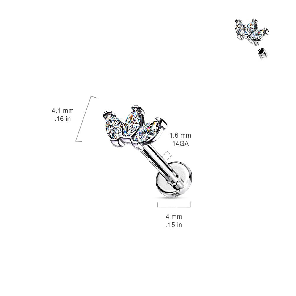 Internally Threaded Triple Marquise CZ Crystal Top Flat Back Lip Cartilage Tragus Stud - 316L Stainless Steel