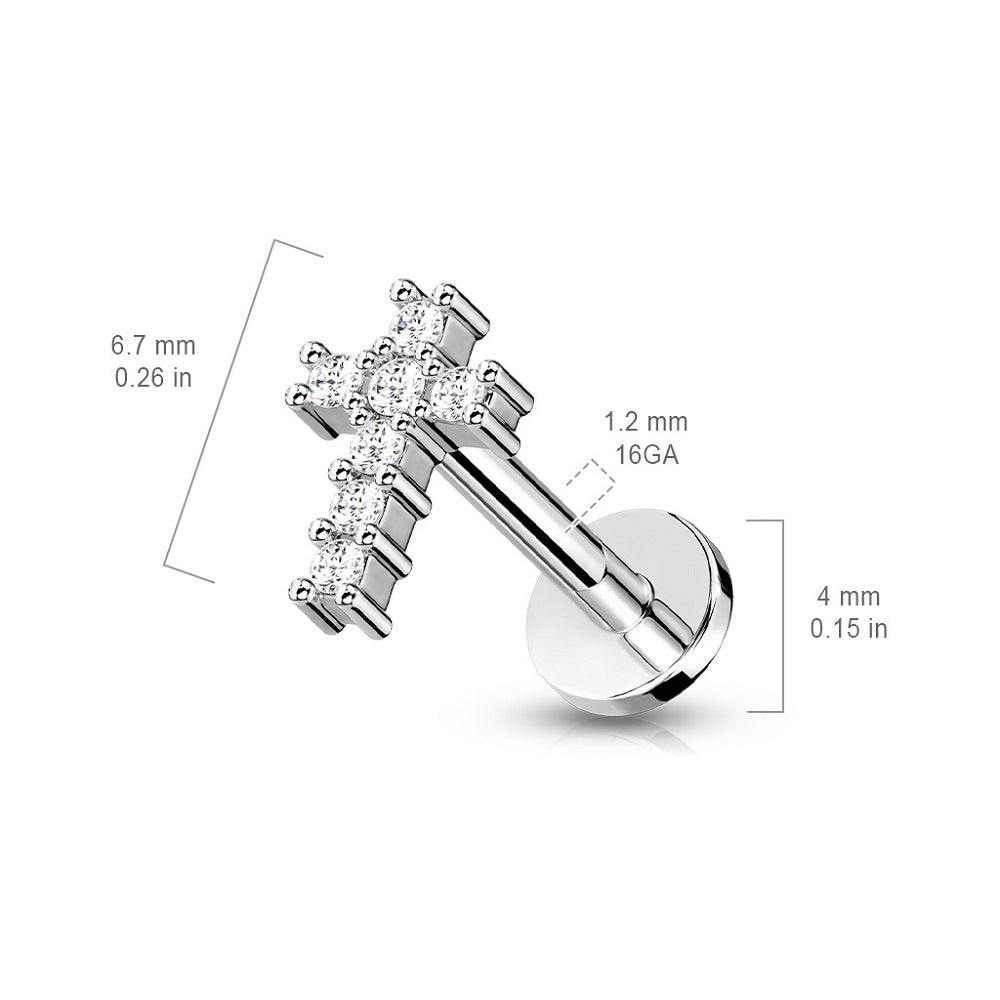 Internally Threaded CZ Crystal Paved Cross Top Flat Back Labret Monroe Lip Cartilage Helix Ear Lobe Stud
 - 316L Stainless Steel