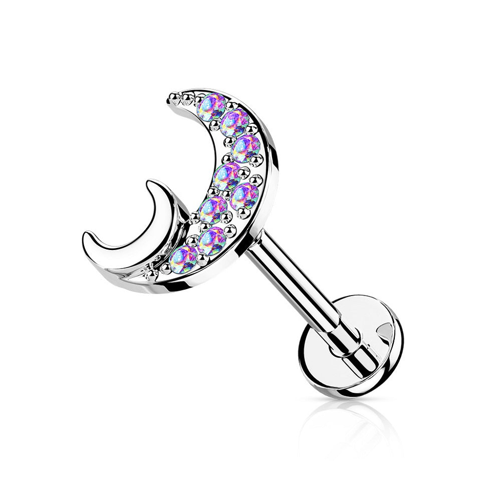 Crystal Paved Crescent Moon Internally Threaded Stud - 316L Stainless Steel