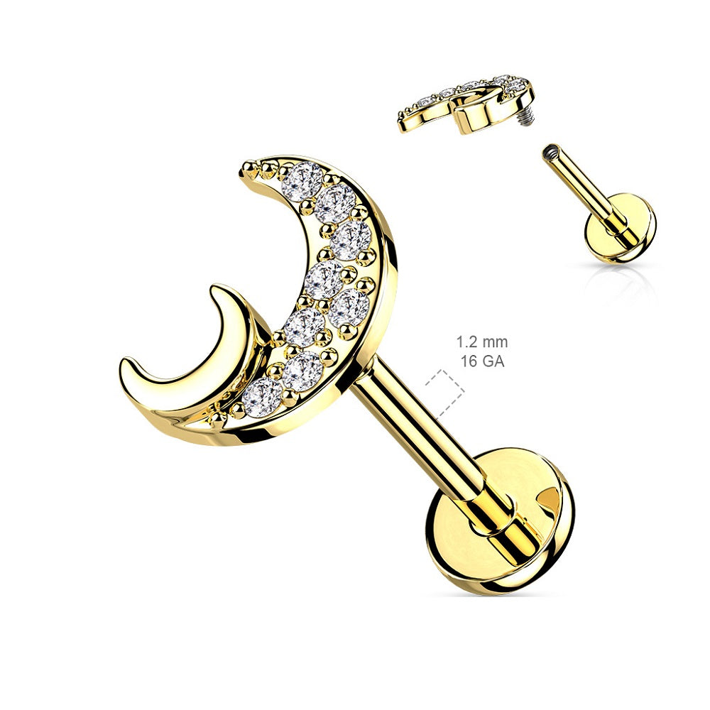 Crystal Paved Crescent Moon Internally Threaded Stud - 316L Stainless Steel