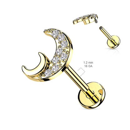 Crystal Paved Crescent Moon Internally Threaded Stud - 316L Stainless Steel