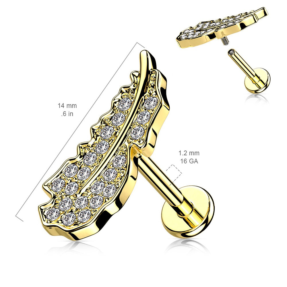 CZ Crystal Paved Leaf Internally Threaded Flat Back Stud - 316L Stainless Steel