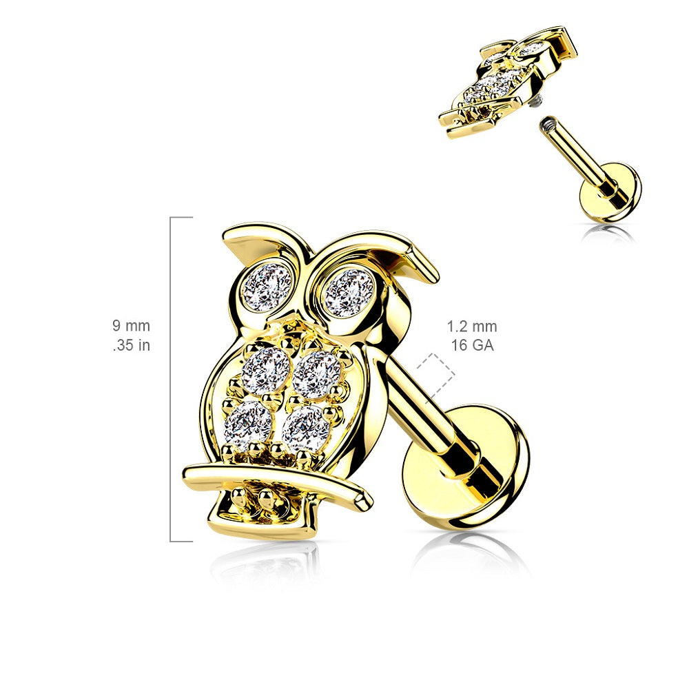 CZ Crystal Paved Owl Internally Threaded Stud - 316L Stainless Steel