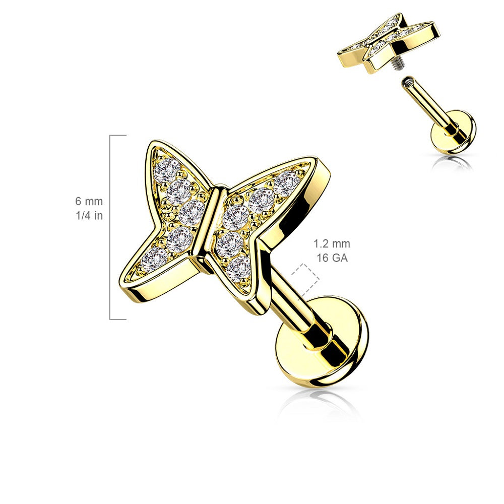 CZ Crystal Paved Butterfly Internally Threaded Stud - 316L Stainless Steel