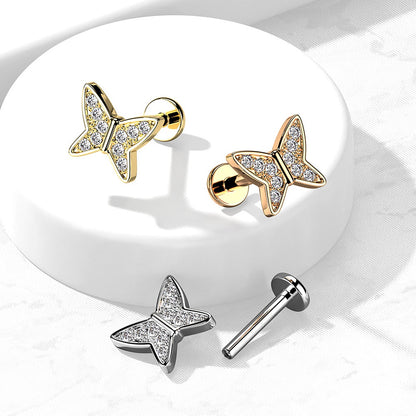 CZ Crystal Paved Butterfly Internally Threaded Stud - 316L Stainless Steel