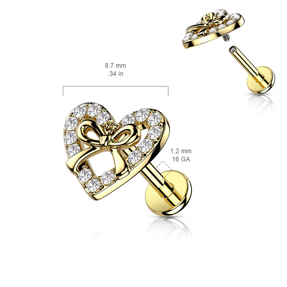 CZ Crystal Paved Heart with Ribbon Center Internally Threaded Flat Back Stud - 316L Stainless Steel