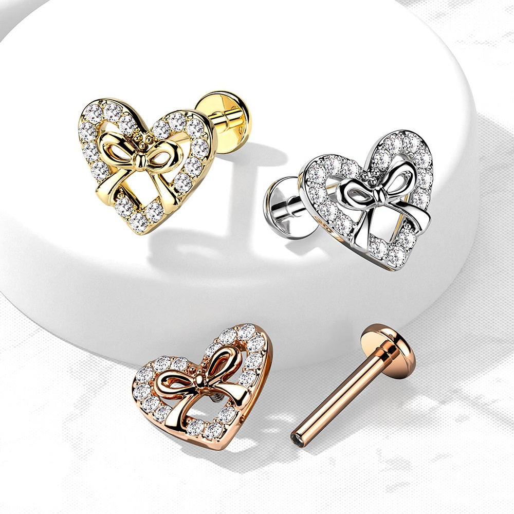 CZ Crystal Paved Heart with Ribbon Center Internally Threaded Flat Back Stud - 316L Stainless Steel