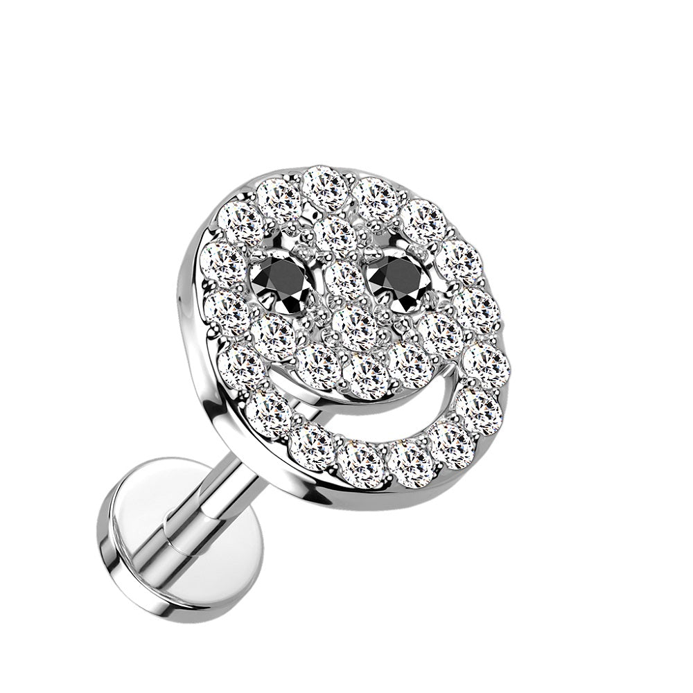 CZ Crystal Paved Smiley Face Top Internally Threaded Stud - 316L Stainless Steel
