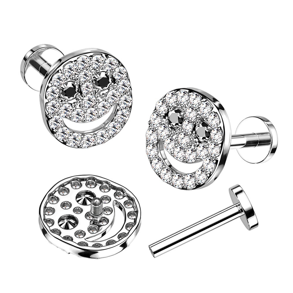 CZ Crystal Paved Smiley Face Top Internally Threaded Stud - 316L Stainless Steel