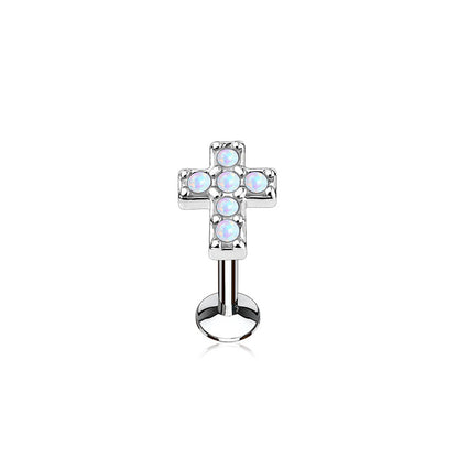 Internally Threaded Synthetic Opal Cross Top Lip Cartilage Tragus Stud
 - 316L Stainless Steel
