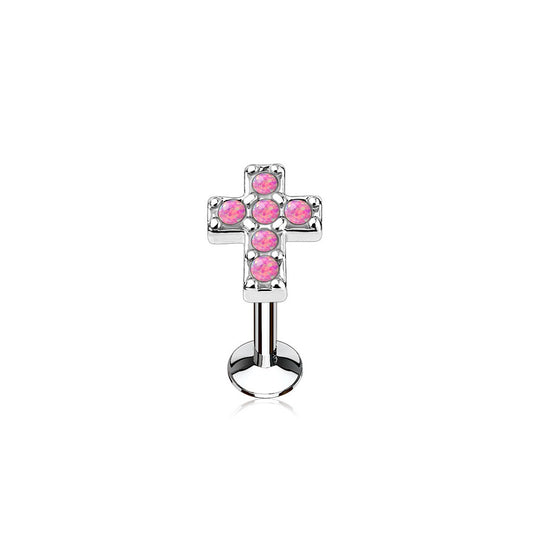 Internally Threaded Synthetic Opal Cross Top Lip Cartilage Tragus Stud
 - 316L Stainless Steel