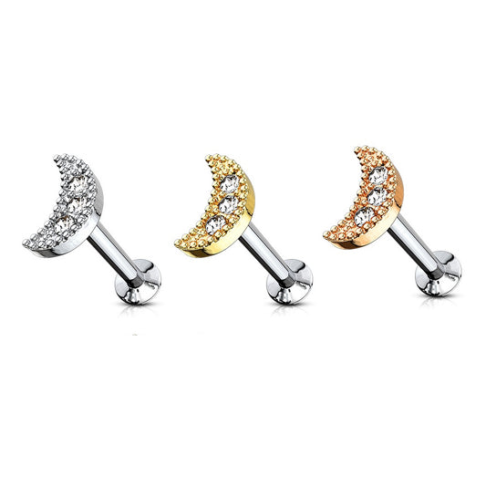 Set of 3 CZ Crystal Crescent Moon Top Internally Threaded Studs - 316L Stainless Steel