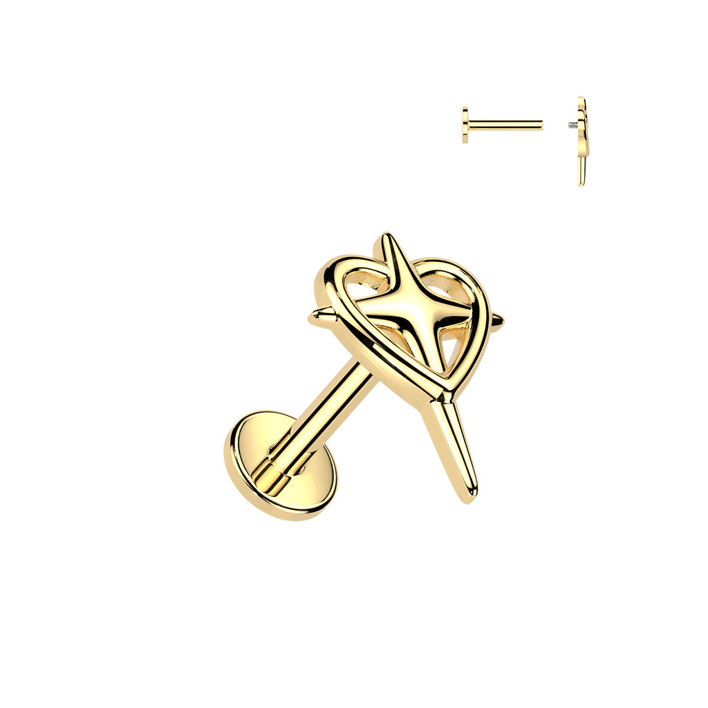 Internally Threaded Heart with Cross Flat Back Stud - 316L Stainless Steel