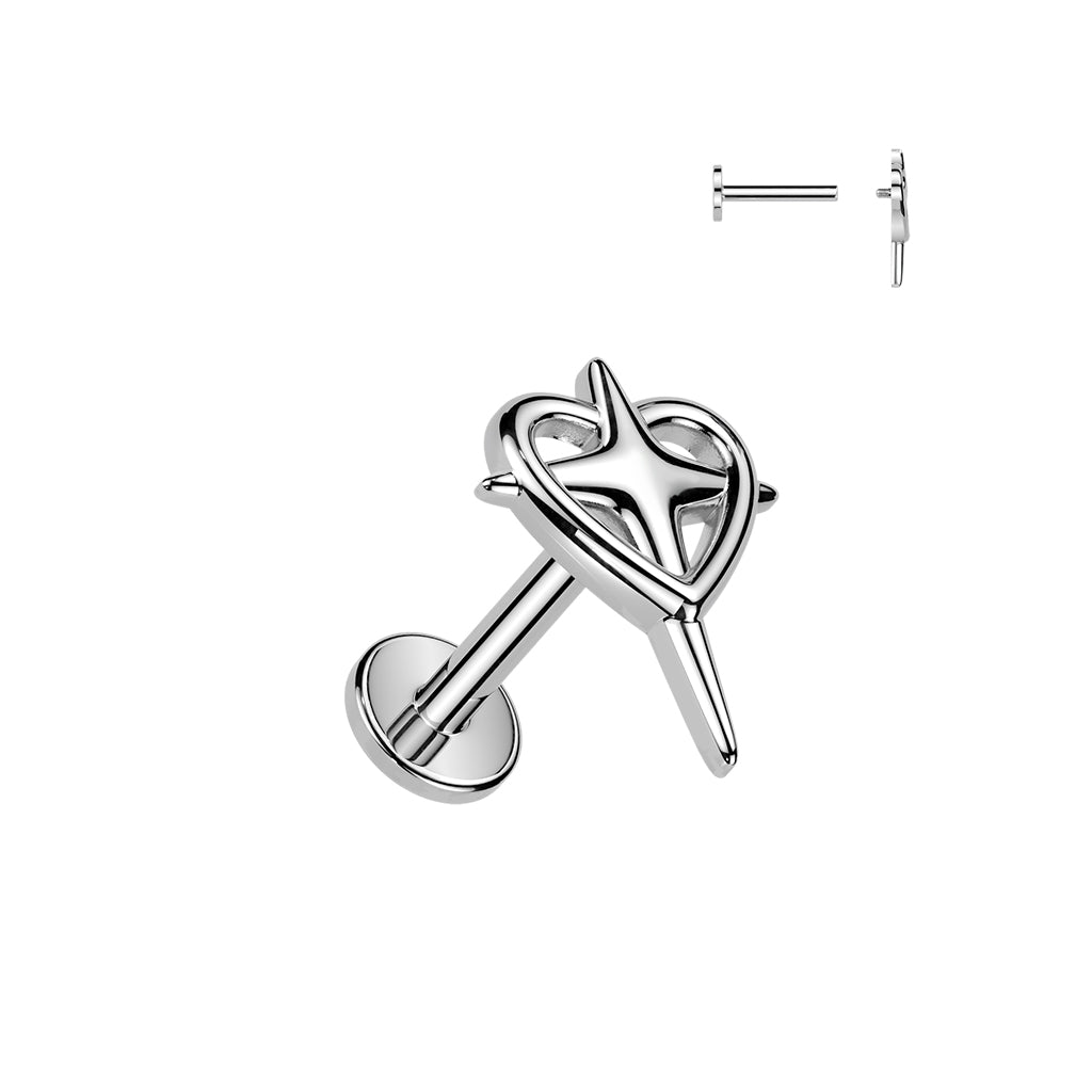 Internally Threaded Heart with Cross Flat Back Stud - 316L Stainless Steel