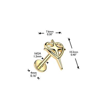 Internally Threaded Heart with Cross Flat Back Stud - 316L Stainless Steel