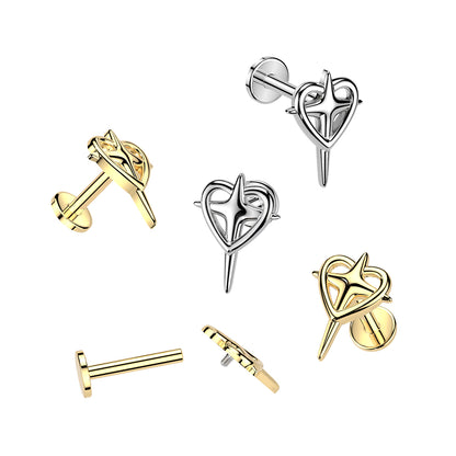 Internally Threaded Heart with Cross Flat Back Stud - 316L Stainless Steel