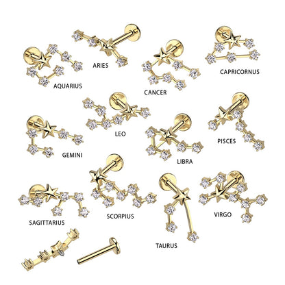 Gold Plated Internally Threaded CZ Crystal Zodiac Constellation Flat Back Stud - 316L Stainless Steel