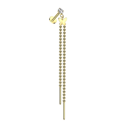 Internally Threaded CZ Crystal with Dangling Butterfly and Chains Flat Back Stud - 316L Stainless Steel