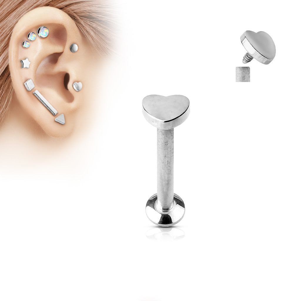 Internally Threaded Heart Top Lip Cartilage Tragus Stud
 - Stainless Steel