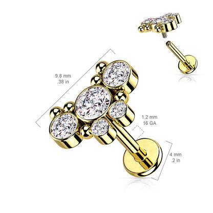 CZ Crystal Butterfly with Ball Clusters Internally Threaded Flat Back Stud - 316L Stainless Steel