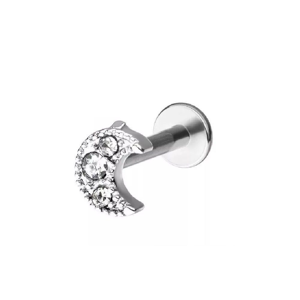 CZ Crystal Crescent Moon Internally Threaded Cartilage Tragus Stud Earring - Stainless Steel