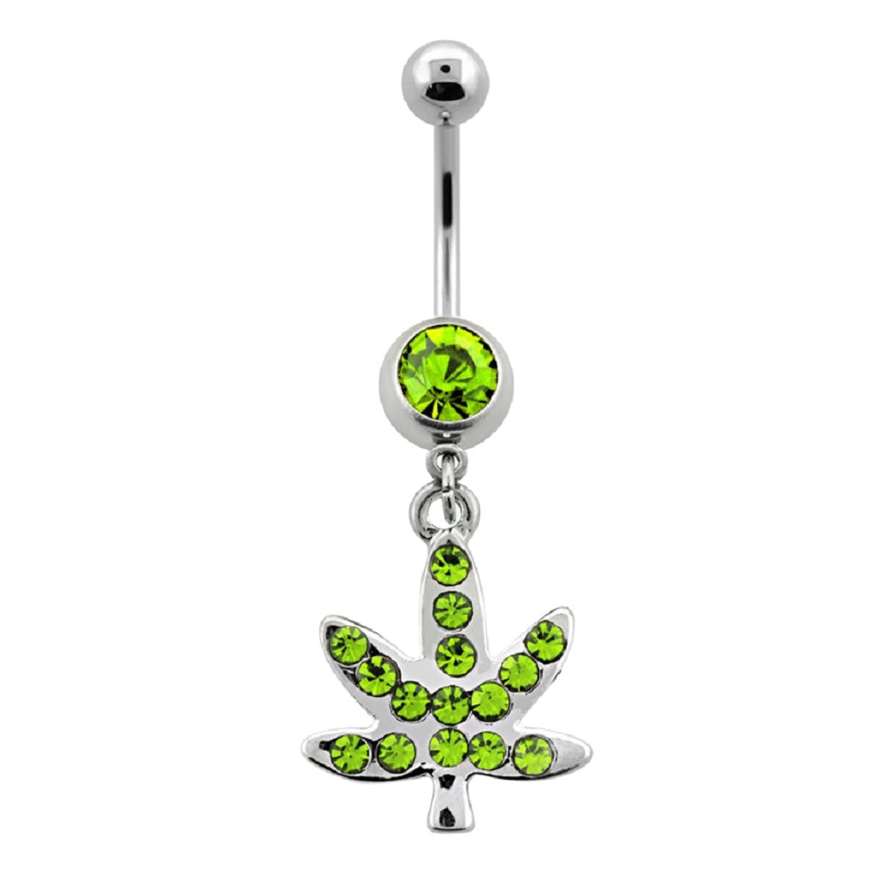 Green CZ Crystal Pot Leaf Dangling Belly Button Ring - 316L Stainless Steel
