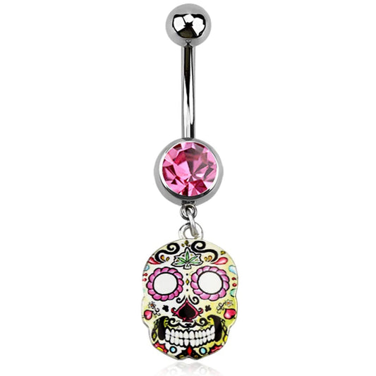 Sugar Skull Dangling Charm Belly Button Ring - 316L Stainless Steel