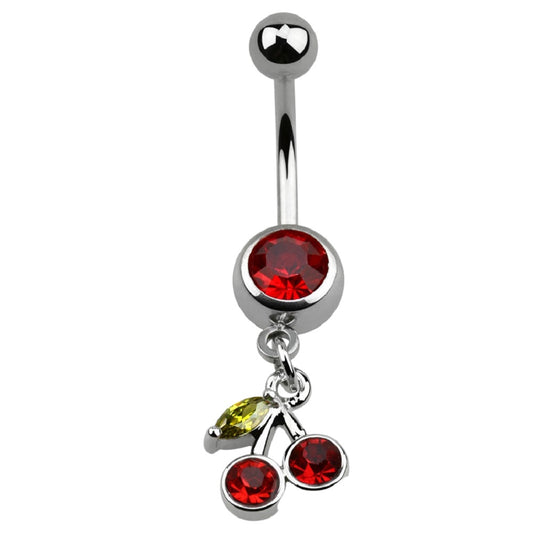 CZ Crystal Red Cherries Dangling Belly Button Ring - 316L Stainless Steel