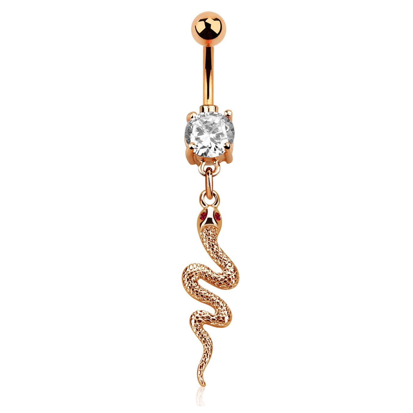 CZ Crystal Snake Dangling Belly Button Ring - Rose Gold Plated 316L Stainless Steel