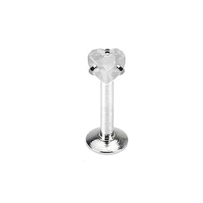 Internally Threaded CZ Crystal Heart Top Flat Back Labret Stud - 316L Stainless Steel