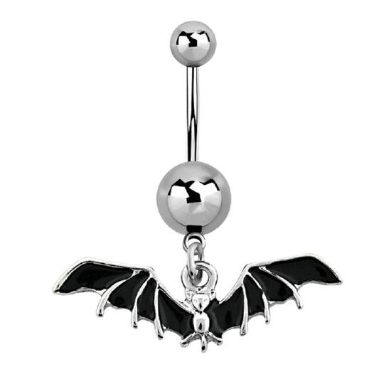 Black Bat Dangling Belly Button Ring - 316L Stainless Steel