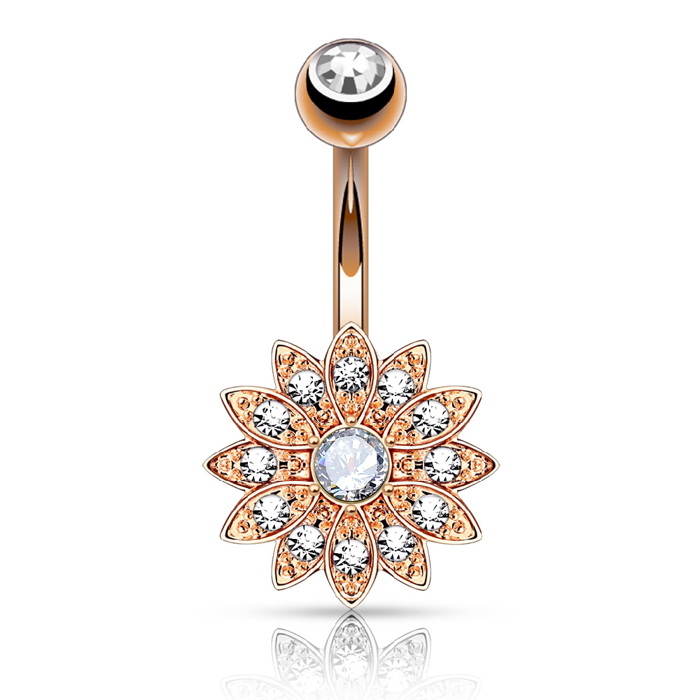 CZ Crystal Paved Flower Belly Button Ring - Rose Gold Plated 316L Stainless Steel