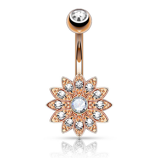 CZ Crystal Paved Flower Belly Button Ring - Rose Gold Plated 316L Stainless Steel