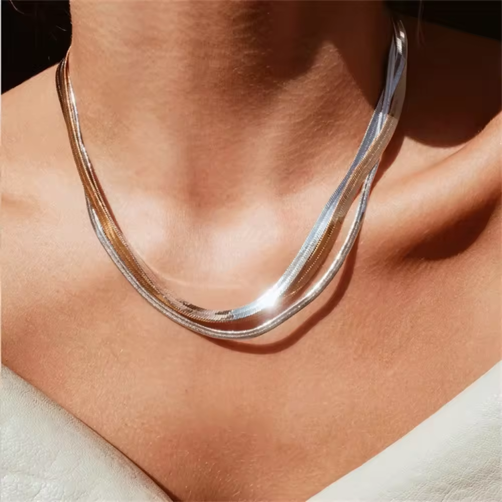 Herringbone Flat Snake Chain Necklace - Stainless Steel