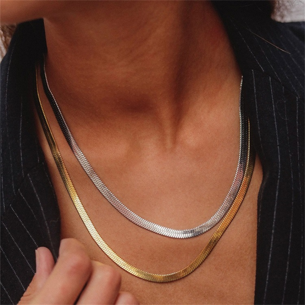 Herringbone Flat Snake Chain Necklace - Stainless Steel
