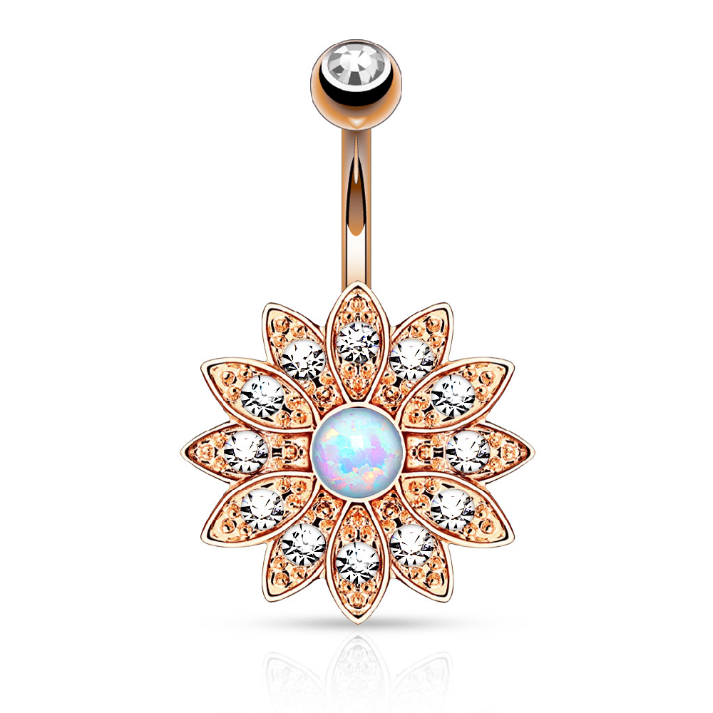 Crystal Paved Flower with Synthetic Opal Center Belly Button Ring - 316L Stainless Steel