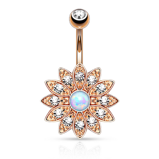 Crystal Paved Flower with Synthetic Opal Center Belly Button Ring - 316L Stainless Steel