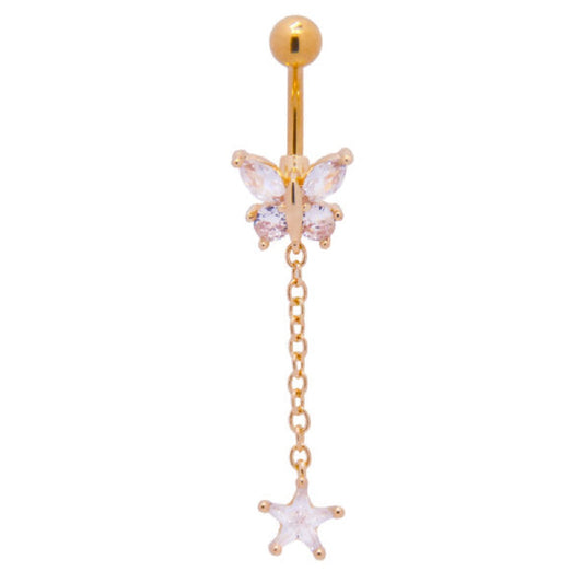 Zircon Crystal Butterfly with Dangling Star Belly Button Ring - 316L Stainless Steel