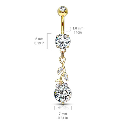 CZ Crystal Gemmed Vine and Leaves Dangling Belly Button Ring - 316L Stainless Steel